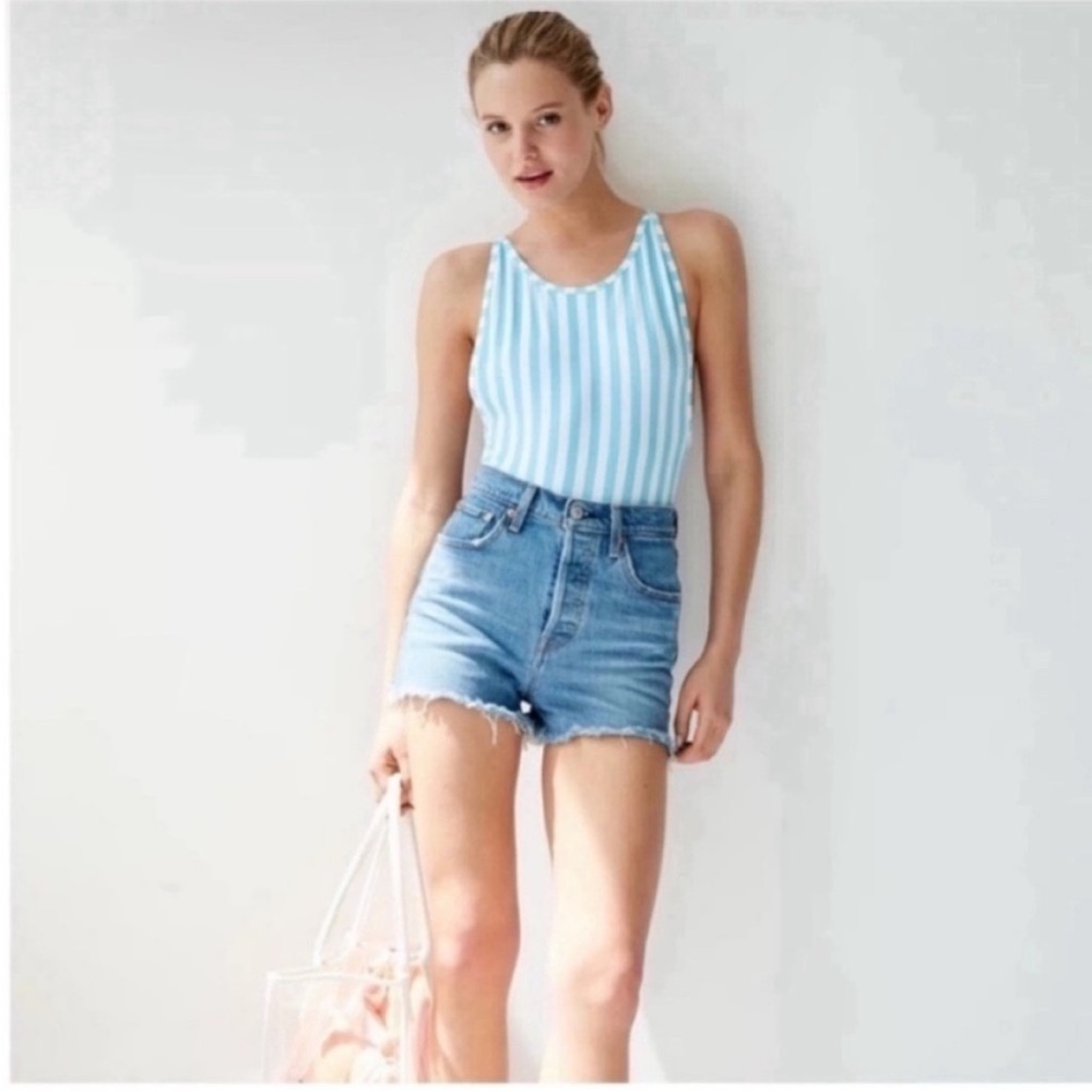 Aritzia Blue and White Ribbed Sleeveless Bodysuit